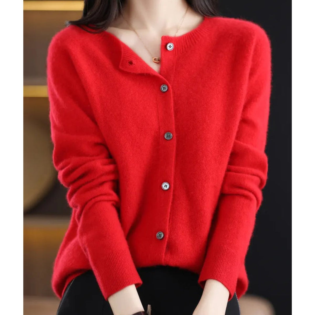 Women's Button-Up V-Neck Cashmere Knit Cardigan - Red