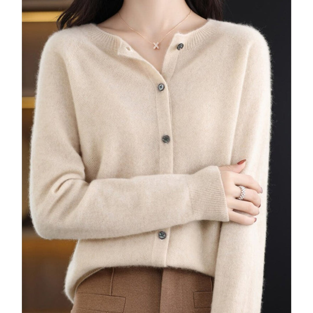 Women's Button-Up V-Neck Cashmere Knit Cardigan - Khaki