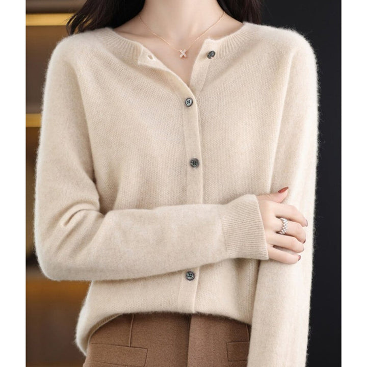 Women's Button-Up V-Neck Cashmere Knit Cardigan - Khaki