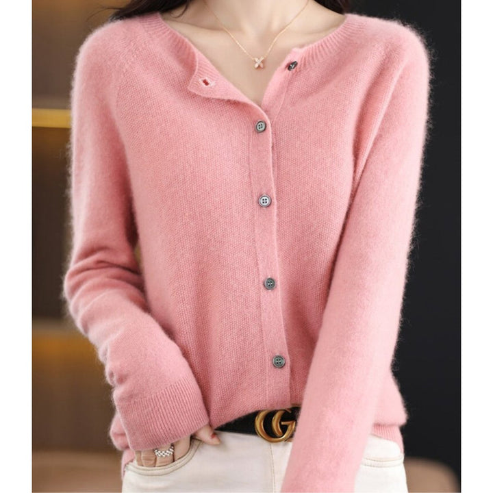 Women's Button-Up V-Neck Cashmere Knit Cardigan - Light Pink
