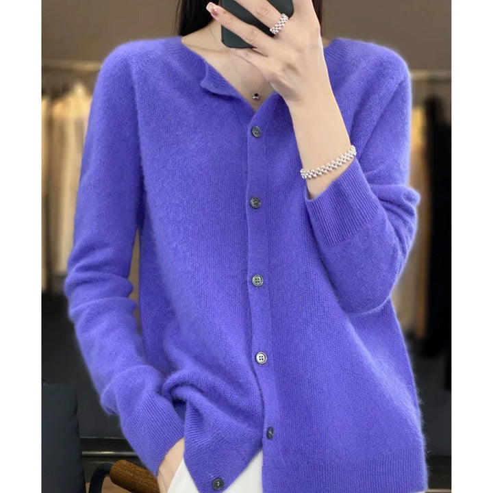 Women's Button-Up V-Neck Cashmere Knit Cardigan - Dark Blue