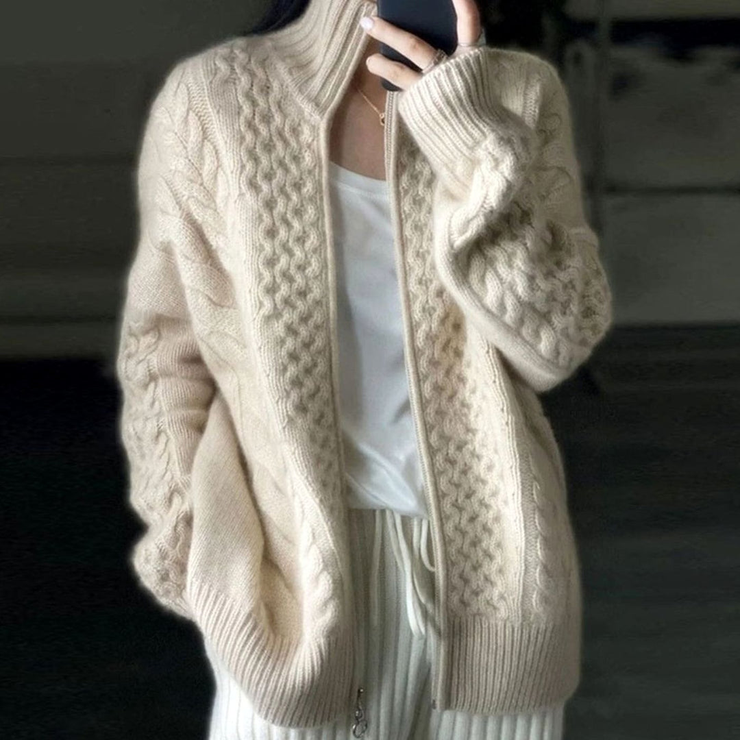 Women's Cable Knit High Neck Zip-Up Loose Cardigan Jumper