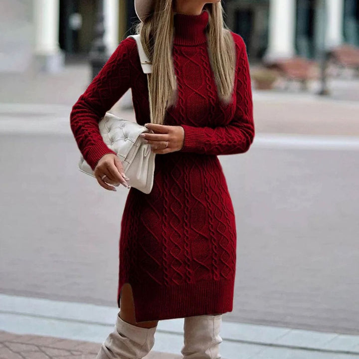 Women's Cable-Knit Long Sleeve Turtleneck Dress Midi - Burgundy