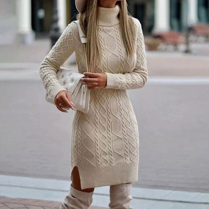 Women's Cable-Knit Long Sleeve Turtleneck Dress Midi - Beige