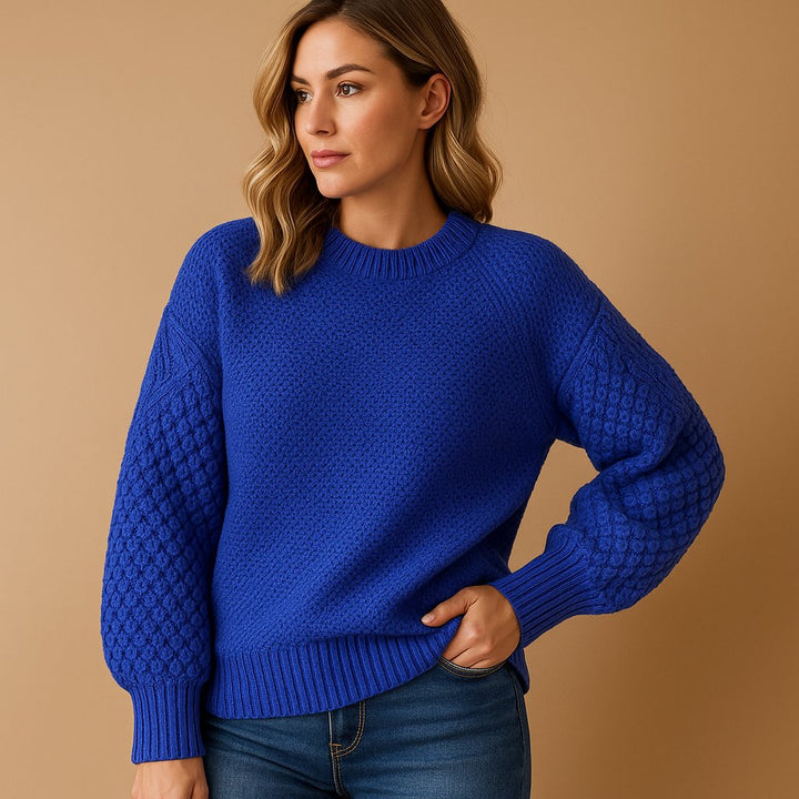 Women's Cable-Knit Sleeve Relaxed-Fit Crew Neck Jumper - Blue
