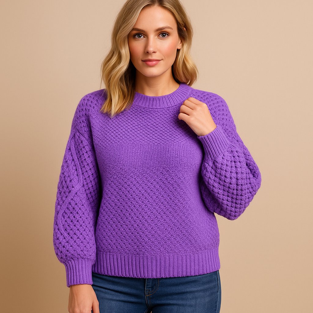 Women's Cable-Knit Sleeve Relaxed-Fit Crew Neck Jumper - Violet