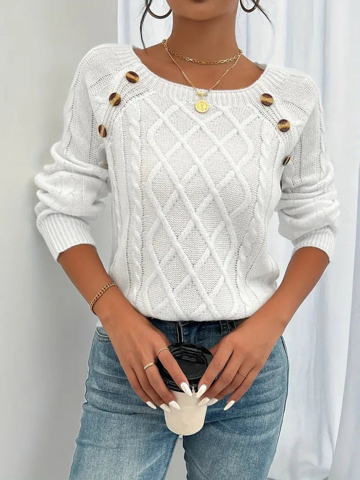 Women's Cable Knit Sweater Round Neck Button Detail Jumper - White