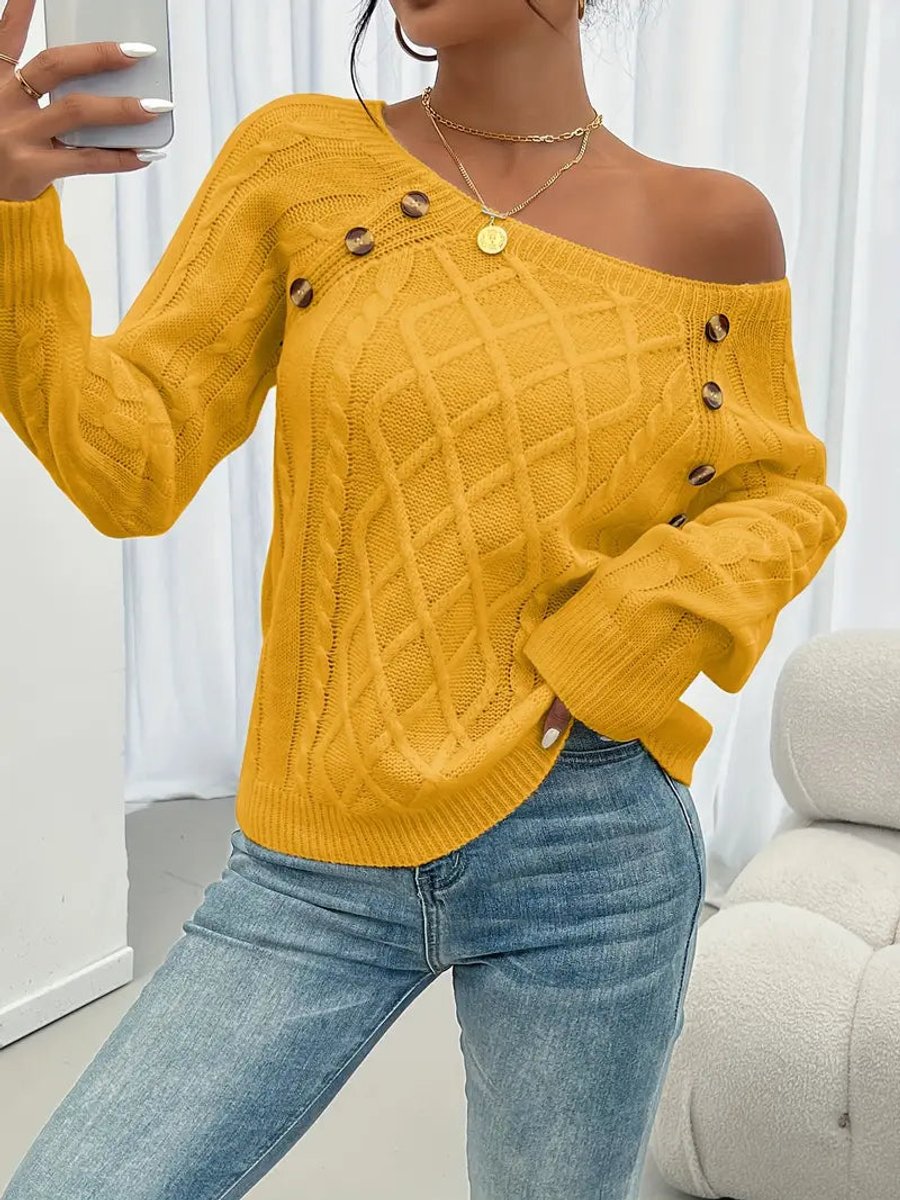 Women's Cable Knit Sweater Round Neck Button Detail Jumper