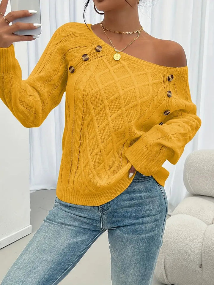Women's Cable Knit Sweater Round Neck Button Detail Jumper