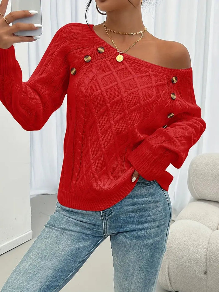 Women's Cable Knit Sweater Round Neck Button Detail Jumper
