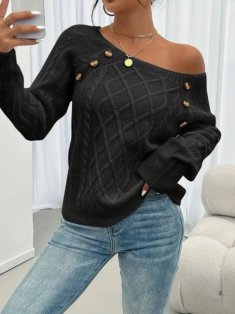 Women's Cable Knit Sweater Round Neck Button Detail Jumper