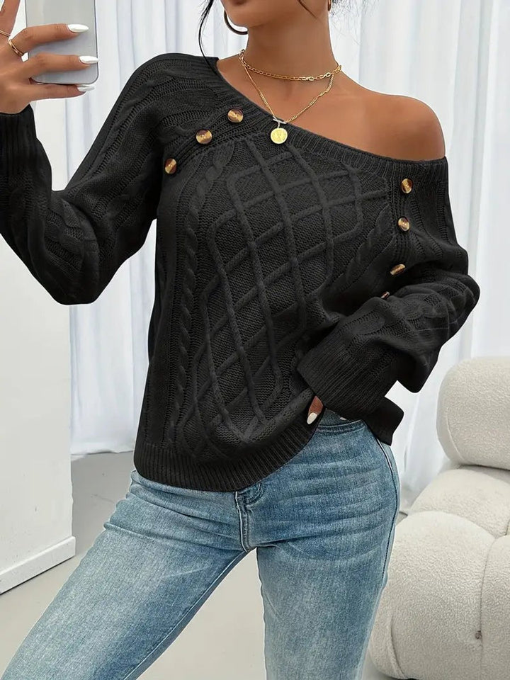 Women's Cable Knit Sweater Round Neck Button Detail Jumper