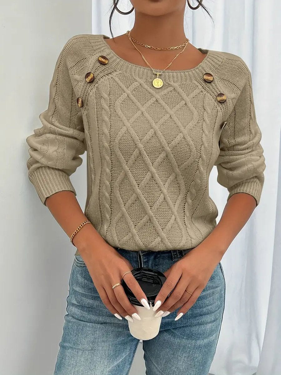 Women's Cable Knit Sweater Round Neck Button Detail Jumper - Khaki