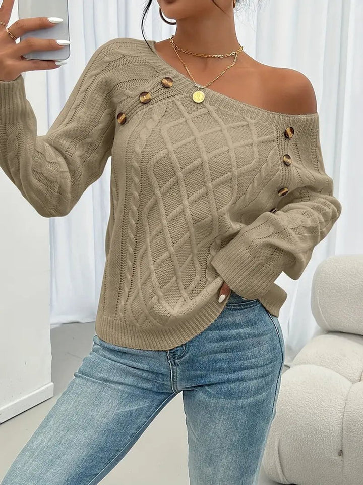 Women's Cable Knit Sweater Round Neck Button Detail Jumper