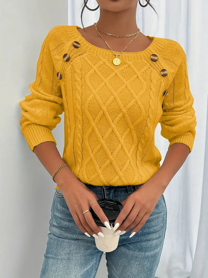 Women's Cable Knit Sweater Round Neck Button Detail Jumper - Gold