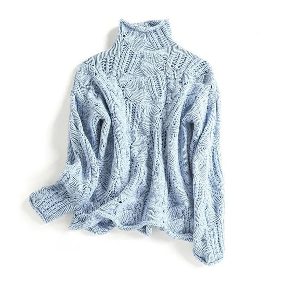 Women's Cable Knit Sweater Turtleneck Loose Fit Jumper - Blue