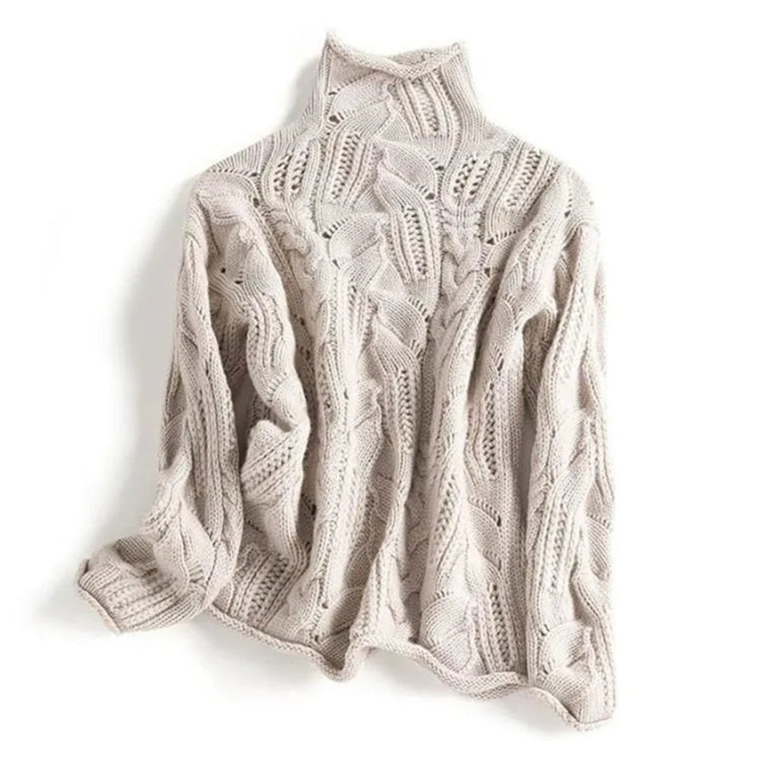 Women's Cable Knit Sweater Turtleneck Loose Fit Jumper - Beige