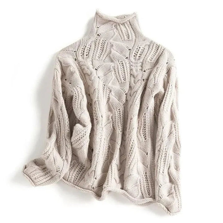 Women's Cable Knit Sweater Turtleneck Loose Fit Jumper - Beige