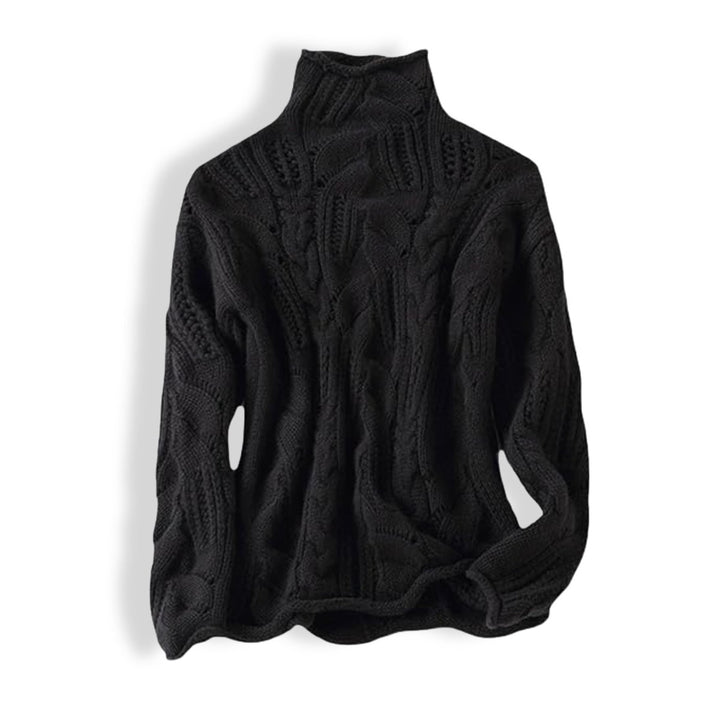 Women's Cable Knit Sweater Turtleneck Loose Fit Jumper - Black
