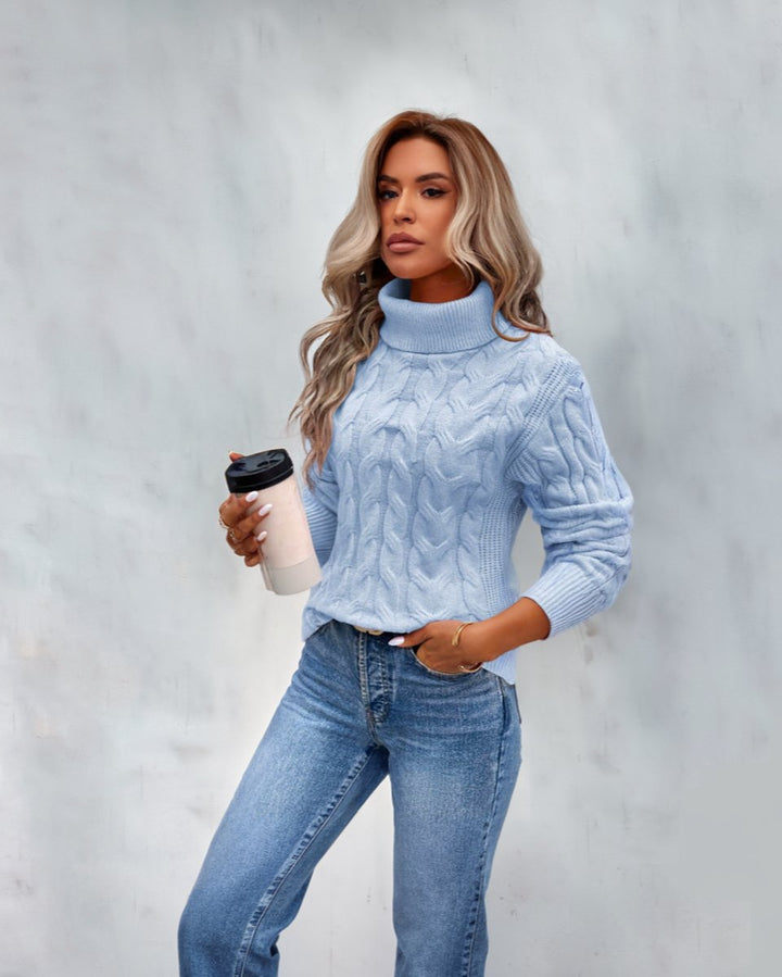 Women's Cable-Knit Turtleneck Sweater Long Sleeve Pullover Jumper - Blue