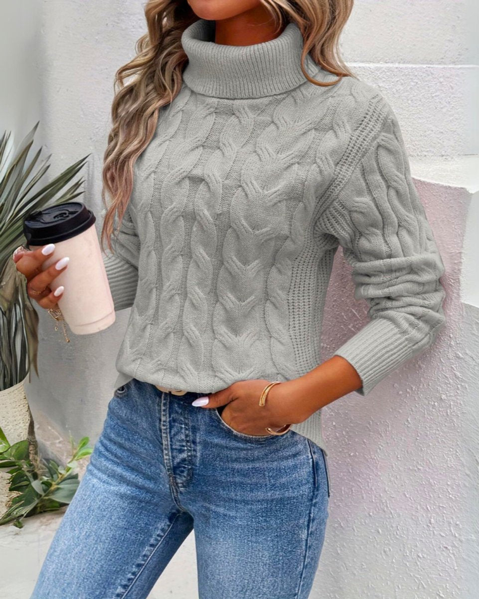 Women's Cable-Knit Turtleneck Sweater Long Sleeve Pullover Jumper - Grey