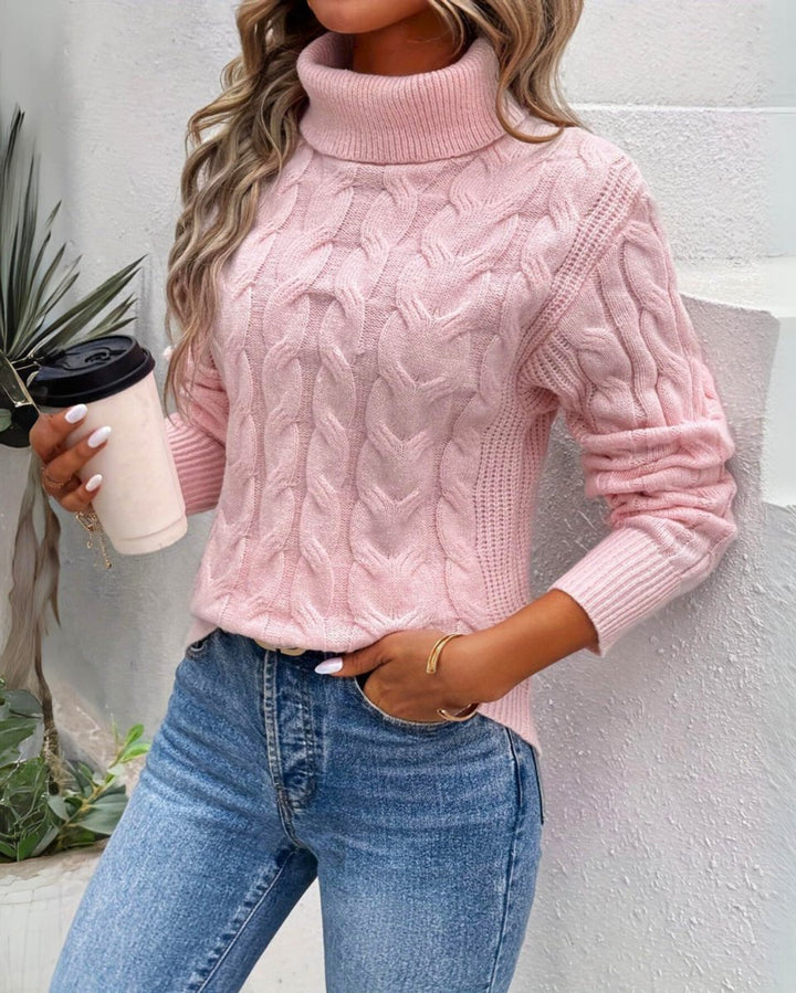 Women's Cable-Knit Turtleneck Sweater Long Sleeve Pullover Jumper - Pink