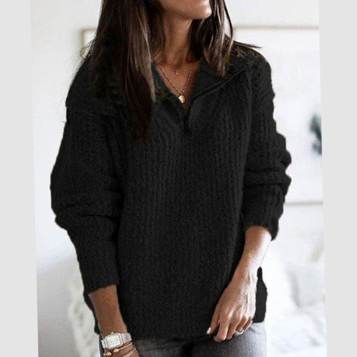 Women's Cable-Knit V-Neck Zip-Up Ribbed Sweater - Black