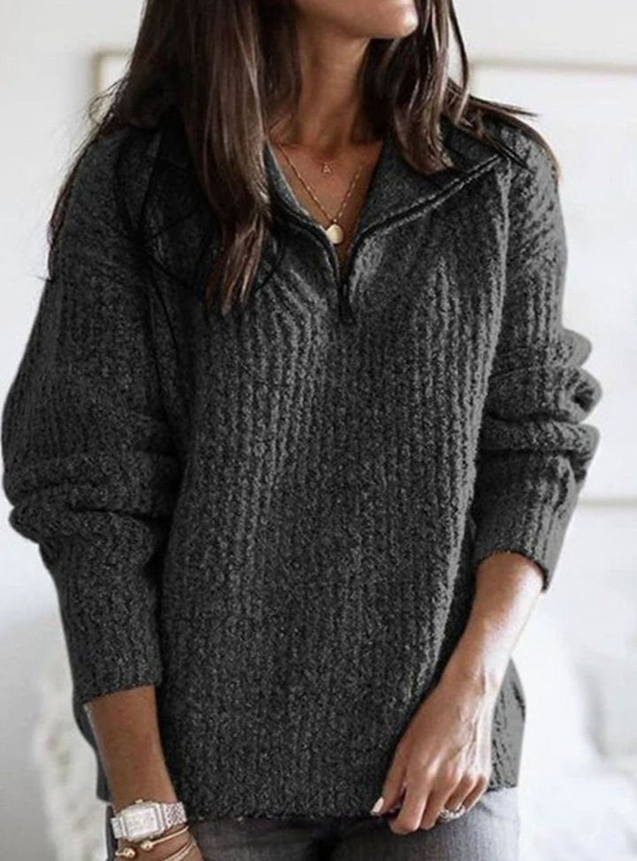 Women's Cable-Knit V-Neck Zip-Up Ribbed Sweater - Dark Grey
