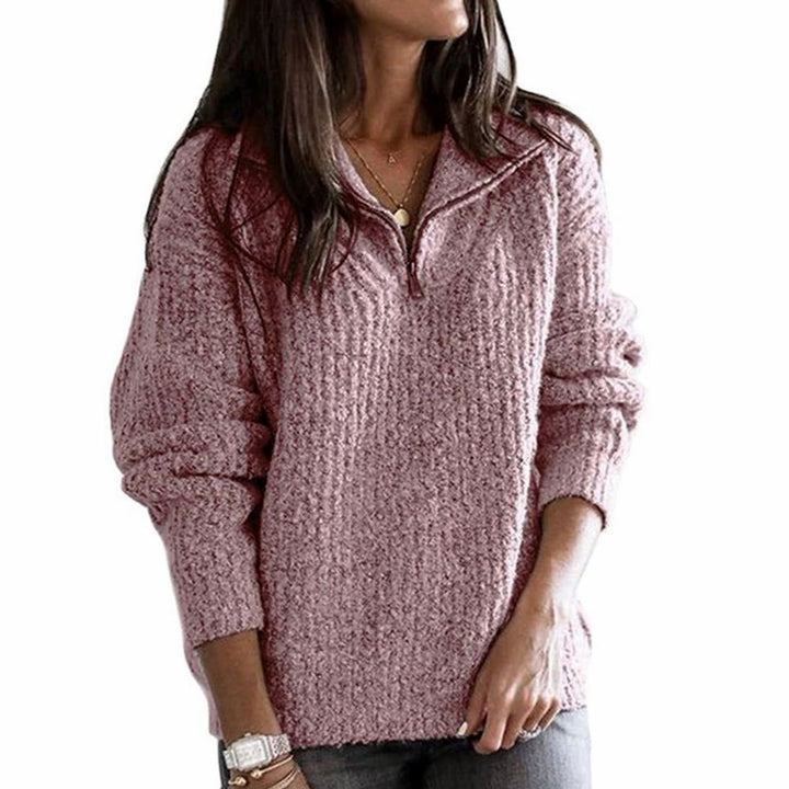 Women's Cable-Knit V-Neck Zip-Up Ribbed Sweater - Pink