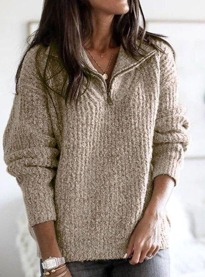 Women's Cable-Knit V-Neck Zip-Up Ribbed Sweater - Khaki