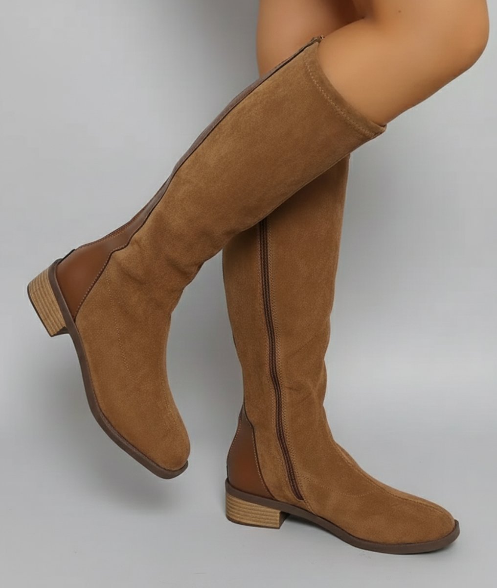 Women's Camel Suede-Look Knee-High Block Heel Boots - Light Brown