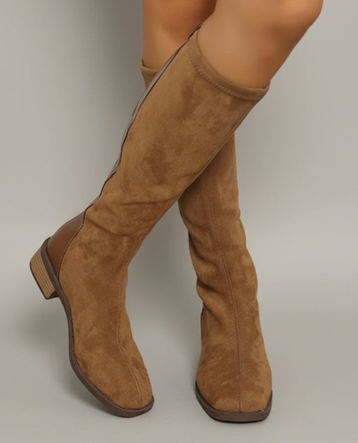 Women's Camel Suede-Look Knee-High Block Heel Boots