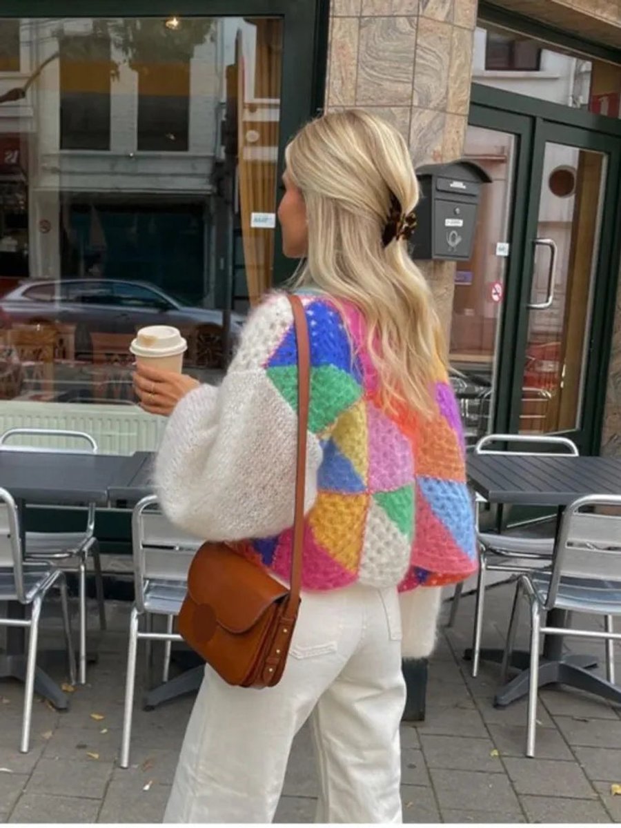 Women's Cardigan Cropped Colour Block Knit Patchwork Jumper