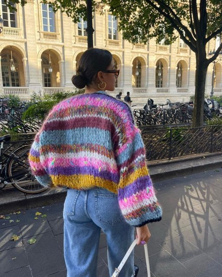 Women's Cardigan Cropped Colour Block Knit Patchwork Jumper - Purple