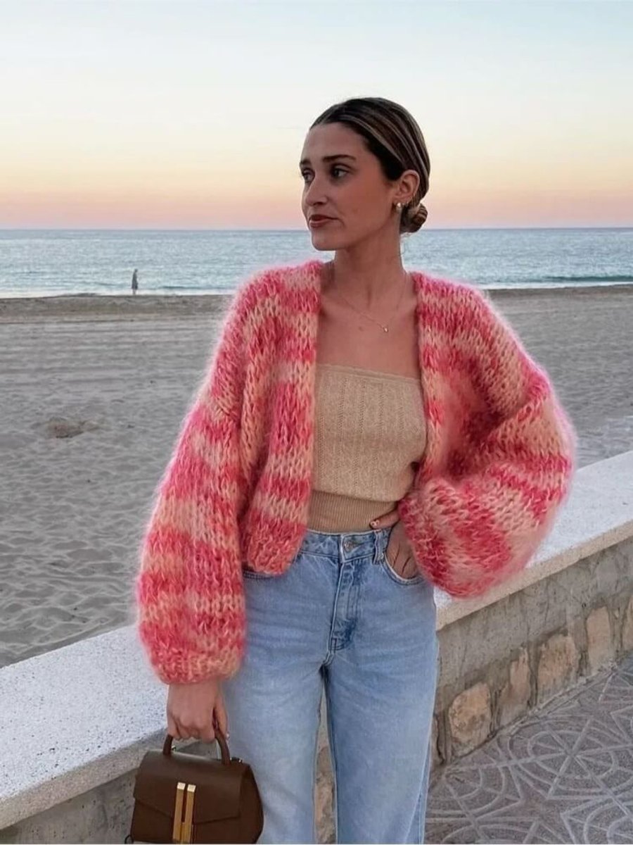 Women's Cardigan Cropped Colour Block Knit Patchwork Jumper - Pink