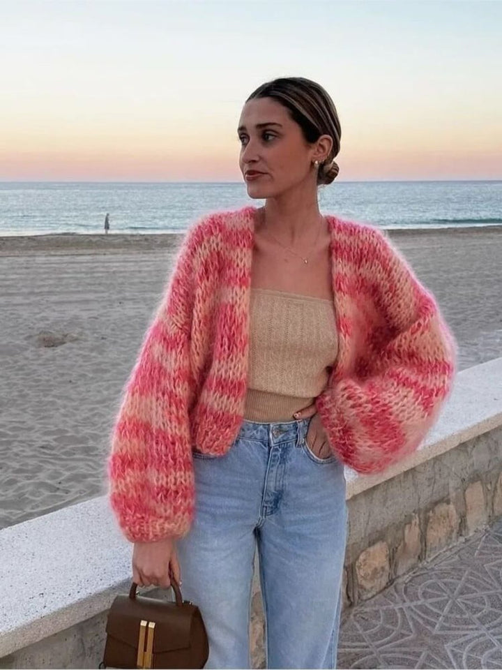 Women's Cardigan Cropped Colour Block Knit Patchwork Jumper - Pink
