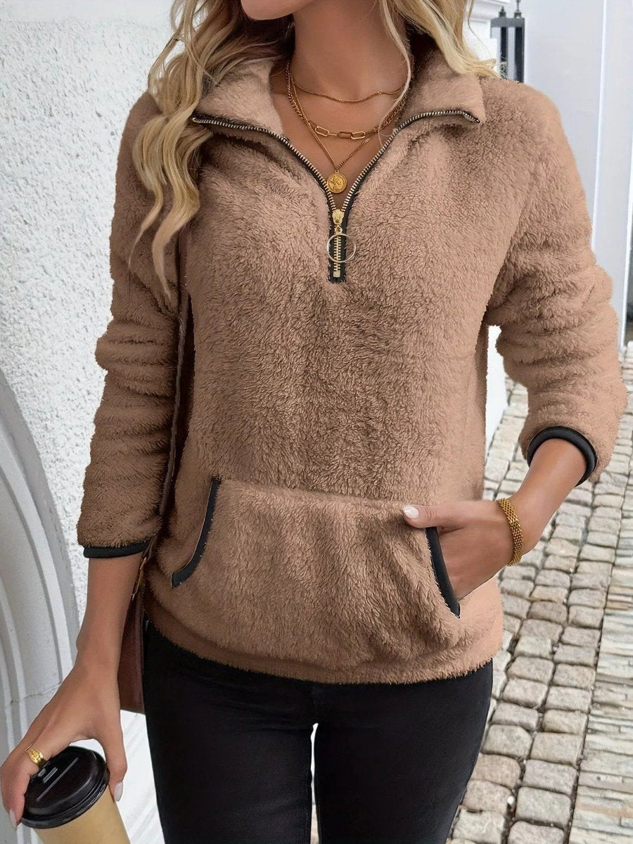 Womens Cardigan Half-Zip Fluffy Fleece Pullover Jumper - Brown