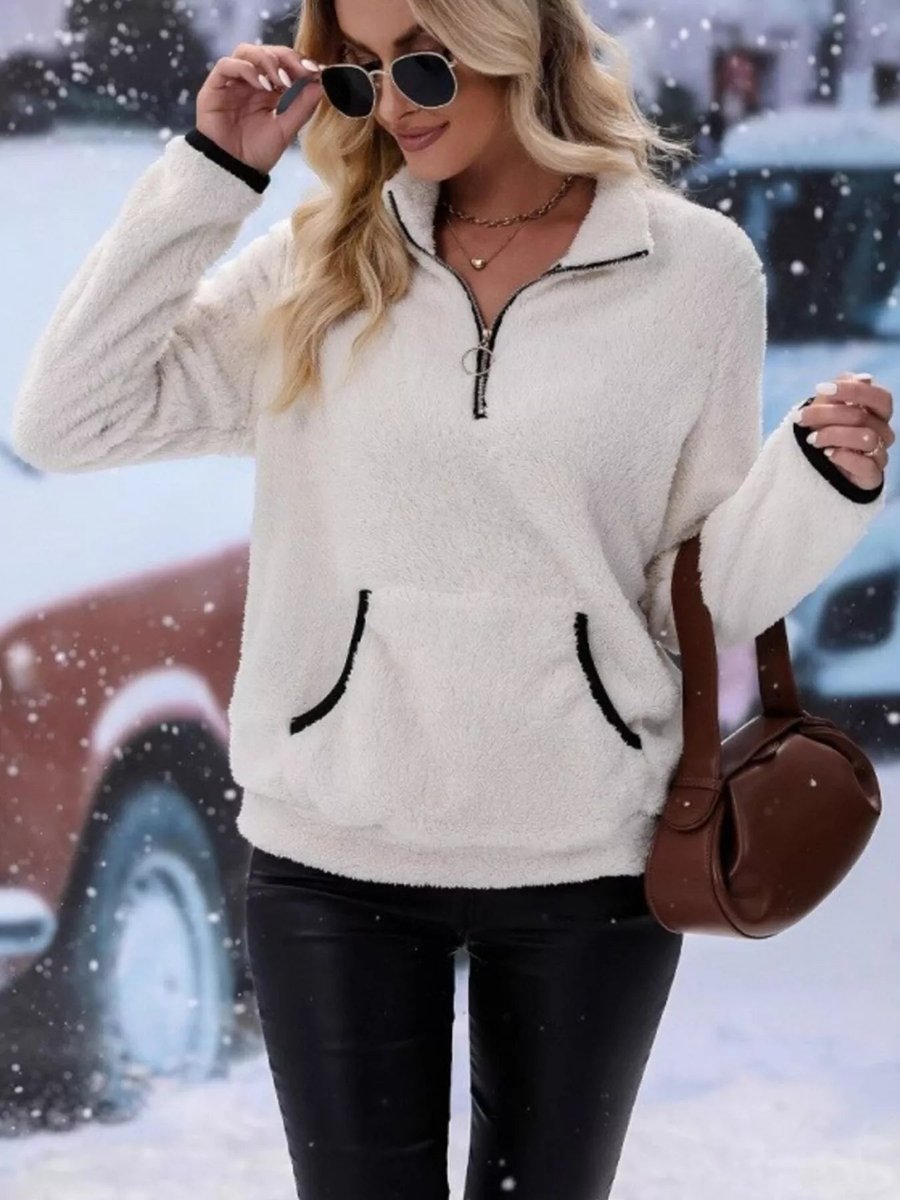 Womens Cardigan Half-Zip Fluffy Fleece Pullover Jumper - White