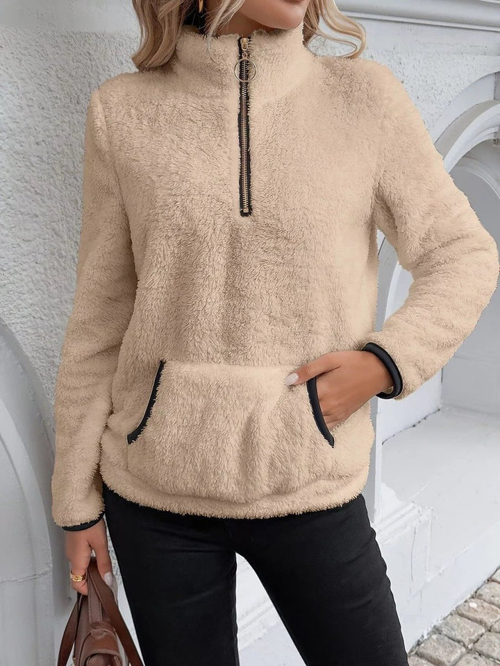 Womens Cardigan Half-Zip Fluffy Fleece Pullover Jumper - Khaki