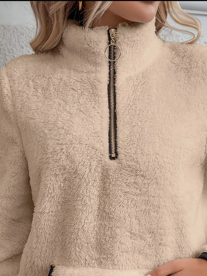 Womens Cardigan Half-Zip Fluffy Fleece Pullover Jumper