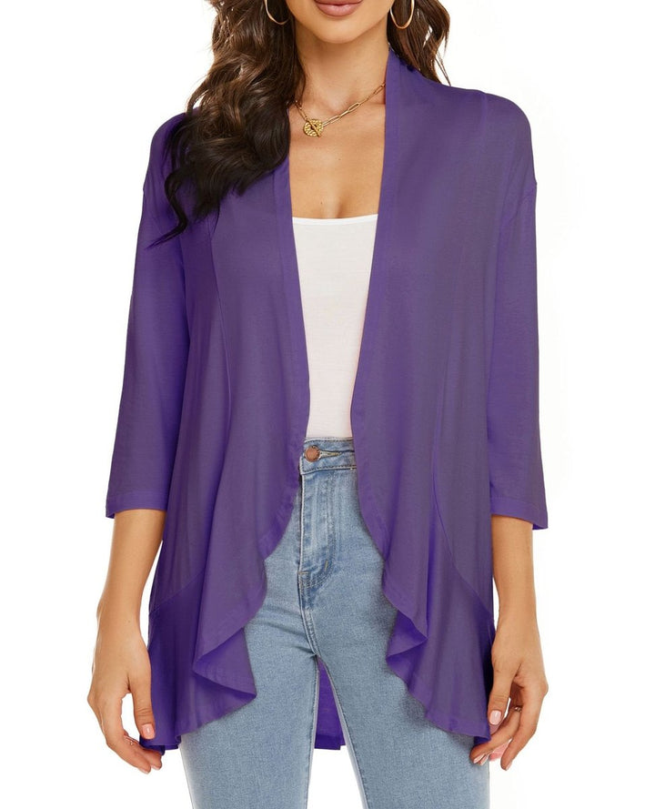 Women's Cardigan Lightweight Open Front 3/4 Sleeve Draped - Purple
