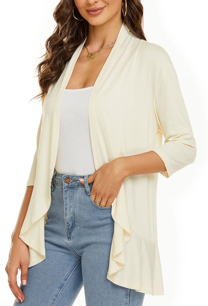 Women's Cardigan Lightweight Open Front 3/4 Sleeve Draped - White-Beige