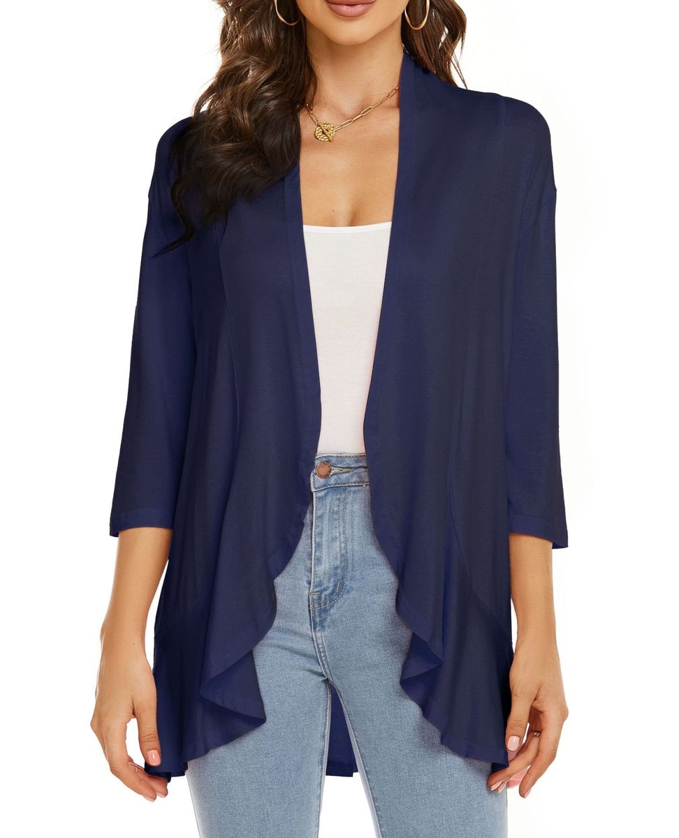 Women's Cardigan Lightweight Open Front 3/4 Sleeve Draped - Navy