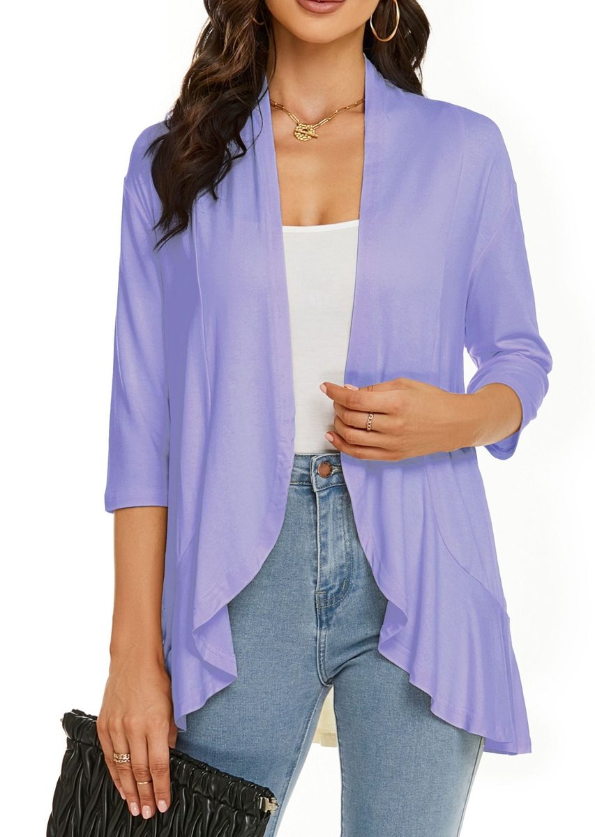 Women's Cardigan Lightweight Open Front 3/4 Sleeve Draped - Light Purple