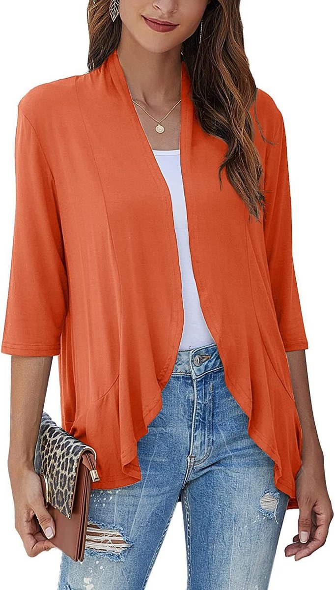 Women's Cardigan Lightweight Open Front 3/4 Sleeve Draped - Orange Red