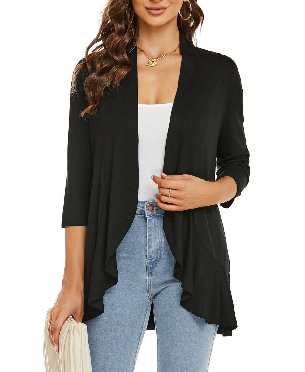 Women's Cardigan Lightweight Open Front 3/4 Sleeve Draped - Black