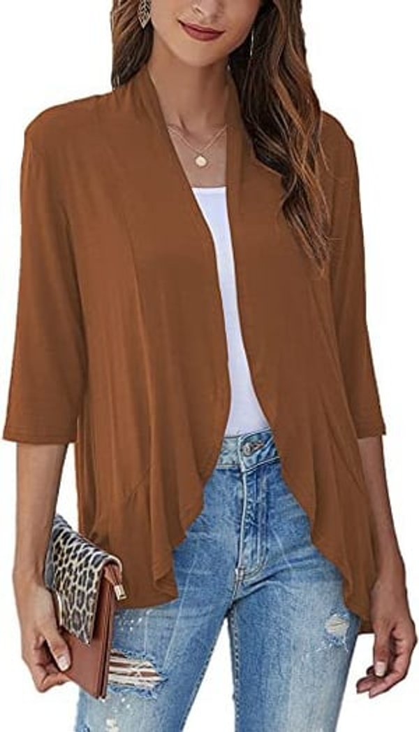 Women's Cardigan Lightweight Open Front 3/4 Sleeve Draped - Brown