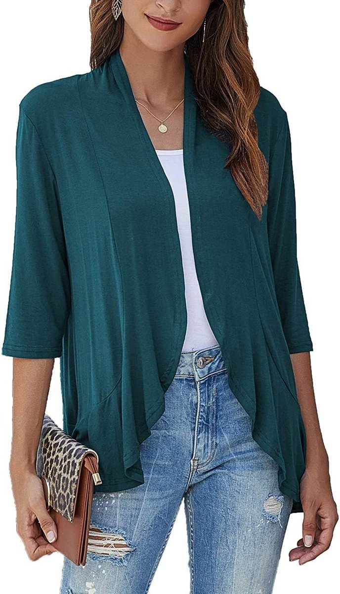 Women's Cardigan Lightweight Open Front 3/4 Sleeve Draped - Green