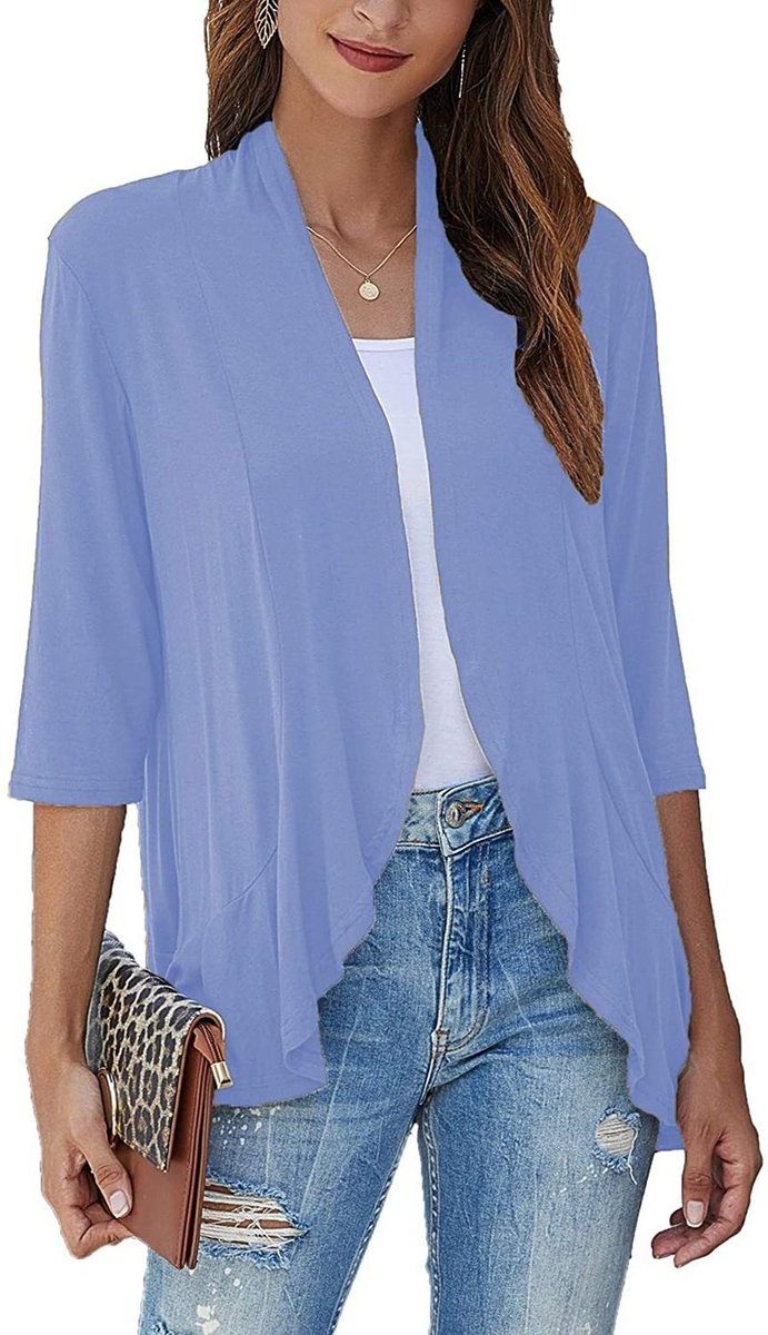 Women's Cardigan Lightweight Open Front 3/4 Sleeve Draped - Light Blue