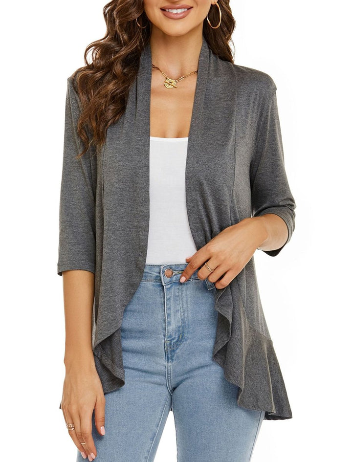 Women's Cardigan Lightweight Open Front 3/4 Sleeve Draped - Grey